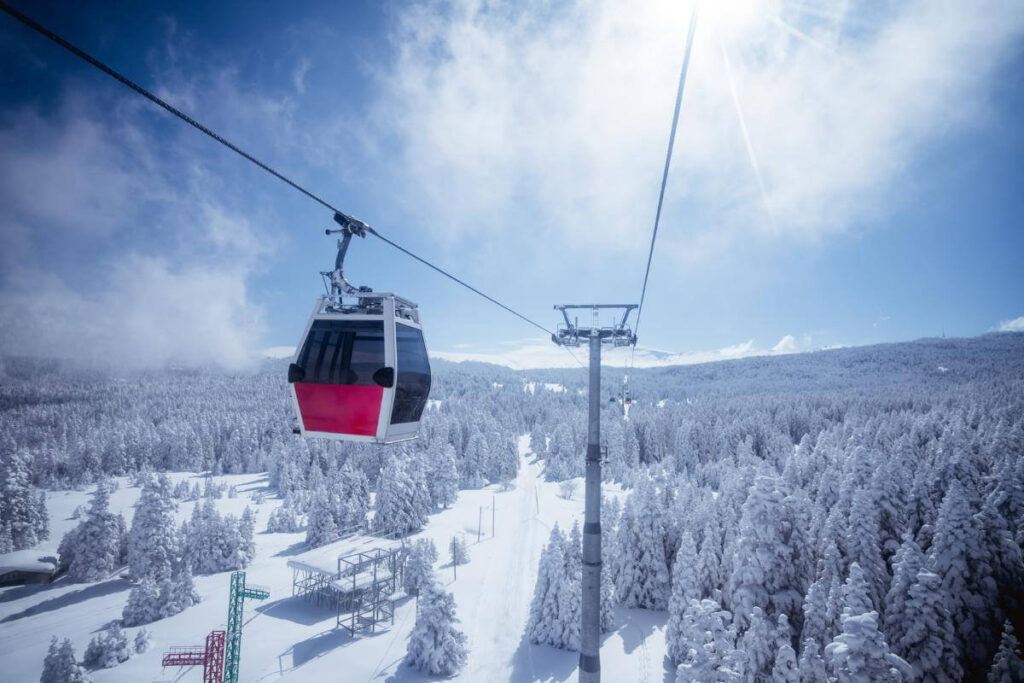 Gondola lift over snow-covered pine forest in Bursa Uludağ under a clear winter sky