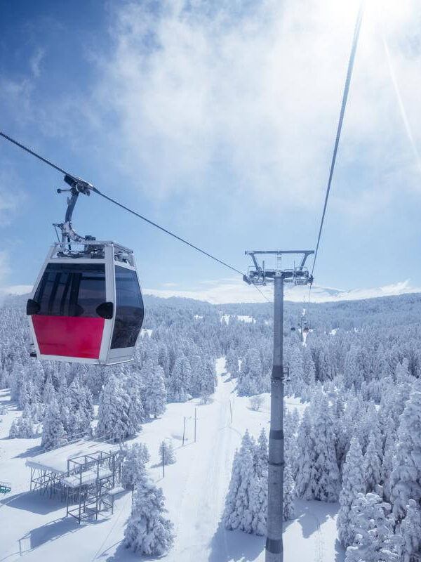 Gondola lift over snow-covered pine forest in Bursa Uludağ under a clear winter sky