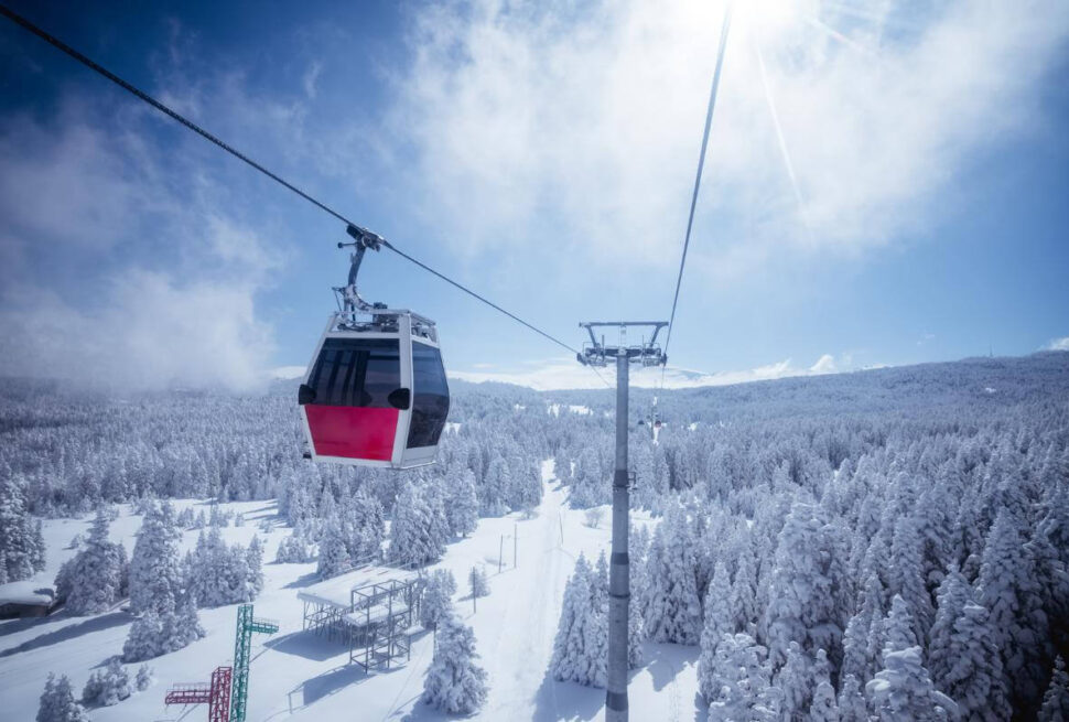 Gondola lift over snow-covered pine forest in Bursa Uludağ under a clear winter sky