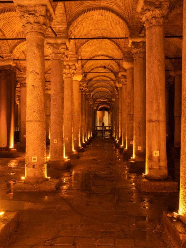 Dimly lit Basilica Cistern in Istanbul featuring rows of ancient marble columns reflected in shallow water.