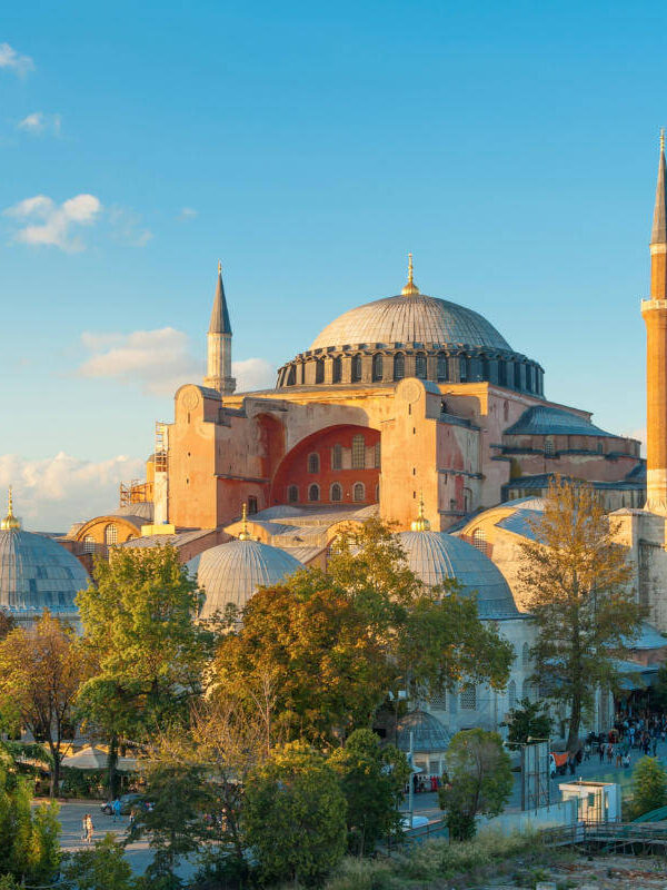Hagia Sophia bathed in golden hour light with domes and minarets rising above trees in Istanbul, Turkey.