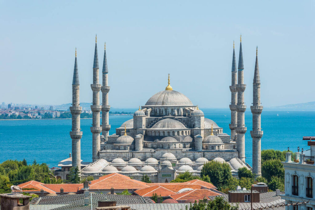 Iconic Blue Mosque with six slender minarets and cascading domes near the Bosphorus in Istanbul, Turkey.