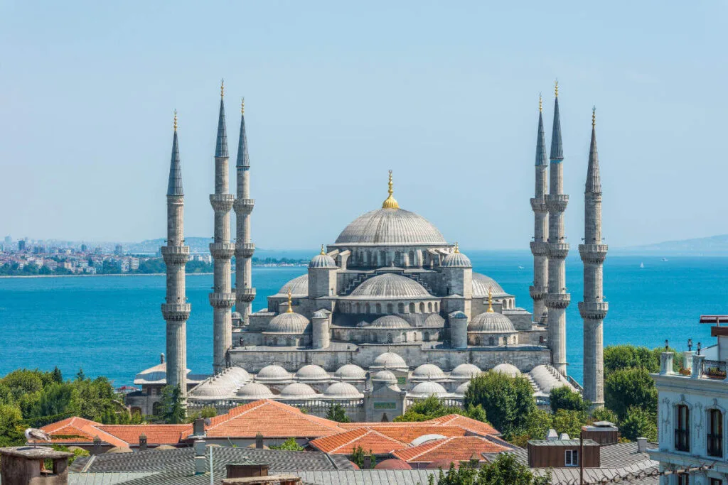 Iconic Blue Mosque with six slender minarets and cascading domes near the Bosphorus in Istanbul, Turkey.
