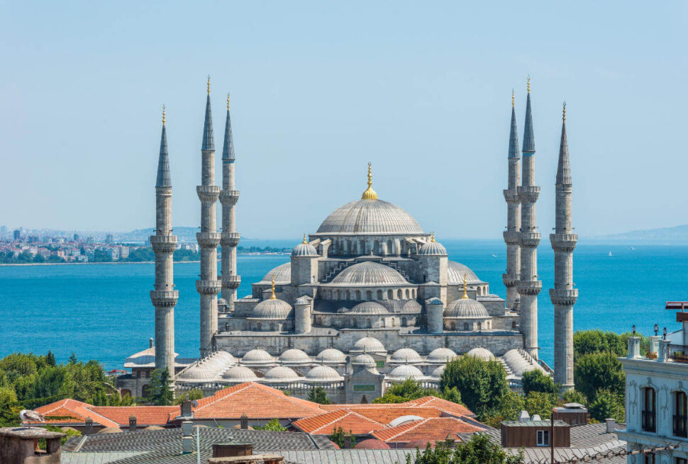 Iconic Blue Mosque with six slender minarets and cascading domes near the Bosphorus in Istanbul, Turkey.