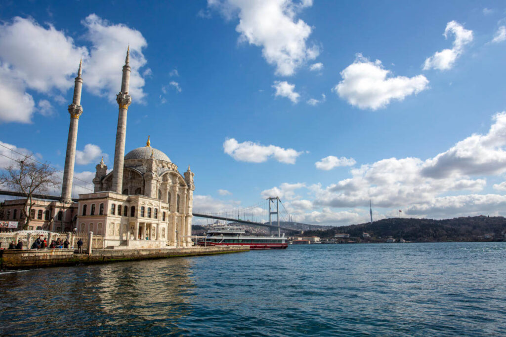 Elegant Ortaköy Mosque with twin minarets beside the Bosphorus and Bosphorus Bridge in Istanbul, Turkey