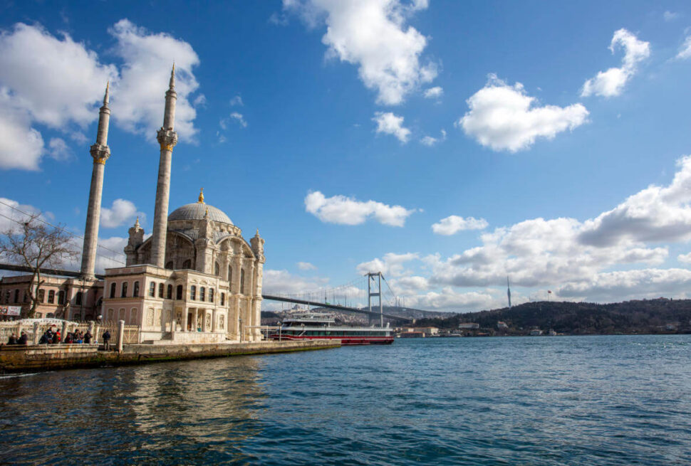 Elegant Ortaköy Mosque with twin minarets beside the Bosphorus and Bosphorus Bridge in Istanbul, Turkey