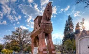 Large wooden Trojan Horse replica with ladder entrance, located in the ancient city of Troy, Turkey