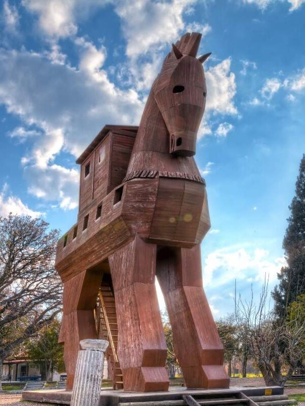 Large wooden Trojan Horse replica with ladder entrance, located in the ancient city of Troy, Turkey