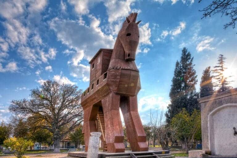 Large wooden Trojan Horse replica with ladder entrance, located in the ancient city of Troy, Turkey
