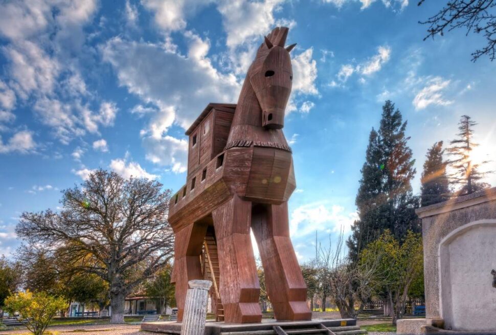 Large wooden Trojan Horse replica with ladder entrance, located in the ancient city of Troy, Turkey