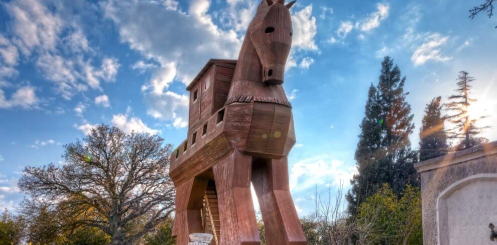 Large wooden Trojan Horse replica with ladder entrance, located in the ancient city of Troy, Turkey