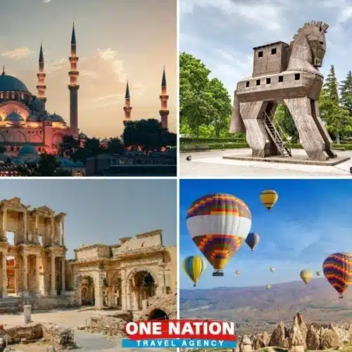 Collage of Turkey tour highlights: Istanbul's Blue Mosque at sunset, the Trojan Horse in Troy, Ephesus ruins, and Cappadocia hot air balloons.