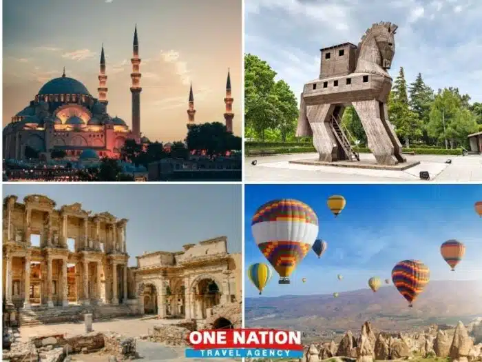 Collage of Turkey tour highlights: Istanbul's Blue Mosque at sunset, the Trojan Horse in Troy, Ephesus ruins, and Cappadocia hot air balloons.
