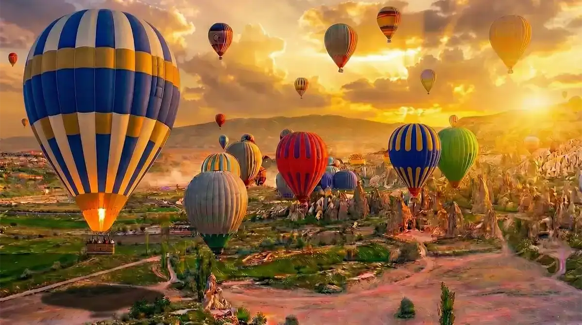 Colorful hot air balloons at sunrise in Cappadocia Turkey - Best of Istanbul and Cappadocia tours by One Nation Travel