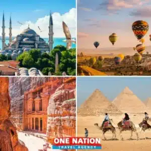 Explore Turkey, Jordan, and Egypt on an 11-day tour featuring Istanbul's Blue Mosque, Cappadocia hot air balloons, Petra, and the Pyramids.