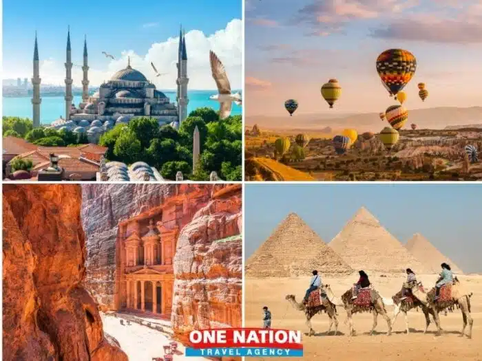 Explore Turkey, Jordan, and Egypt on an 11-day tour featuring Istanbul's Blue Mosque, Cappadocia hot air balloons, Petra, and the Pyramids.