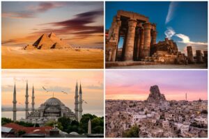 Sunrise over pyramids, ancient temples, mosques, and Cappadocia rock towns on 13-day Egypt and Turkey tour.