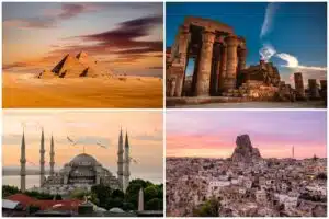Sunrise over pyramids, ancient temples, mosques, and Cappadocia rock towns on 13-day Egypt and Turkey tour.