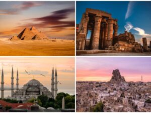 Sunrise over pyramids, ancient temples, mosques, and Cappadocia rock towns on 13-day Egypt and Turkey tour.