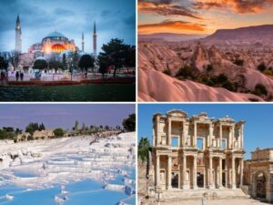 Hagia Sophia in Istanbul, Red Valley in Cappadocia, Pamukkale travertines, and Celsus Library in Ephesus, Turkey iconic sights.