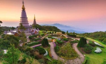 Twin pagodas surrounded by colorful flower gardens at Doi Inthanon National Park, Chiang Mai, Thailand.