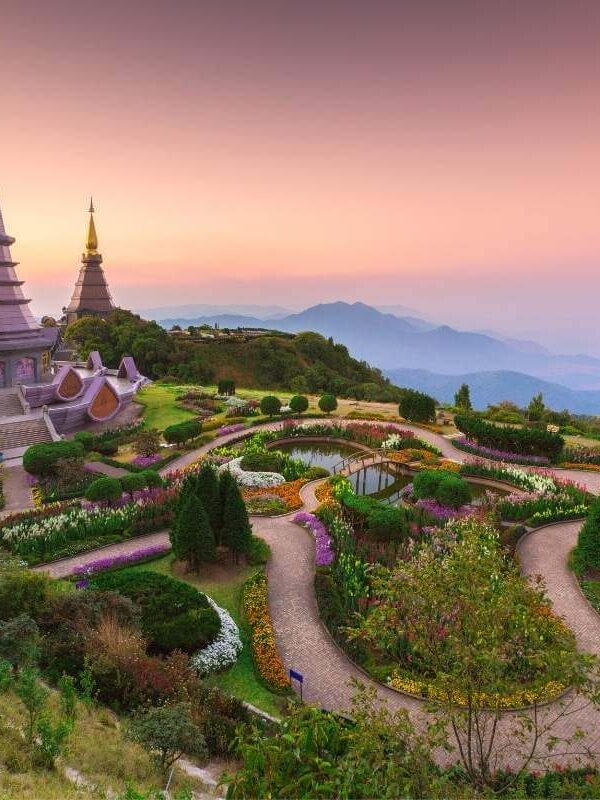 Twin pagodas surrounded by colorful flower gardens at Doi Inthanon National Park, Chiang Mai, Thailand.