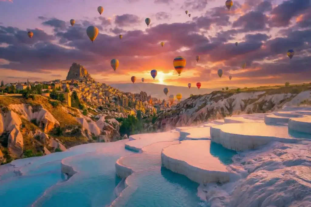 Vista del amanecer con globos aerostáticos en Capadocia y las blancas formaciones de travertino de Pamukkale durante la excursión de 3 días a Capadocia y Pamukkale desde Estambul.