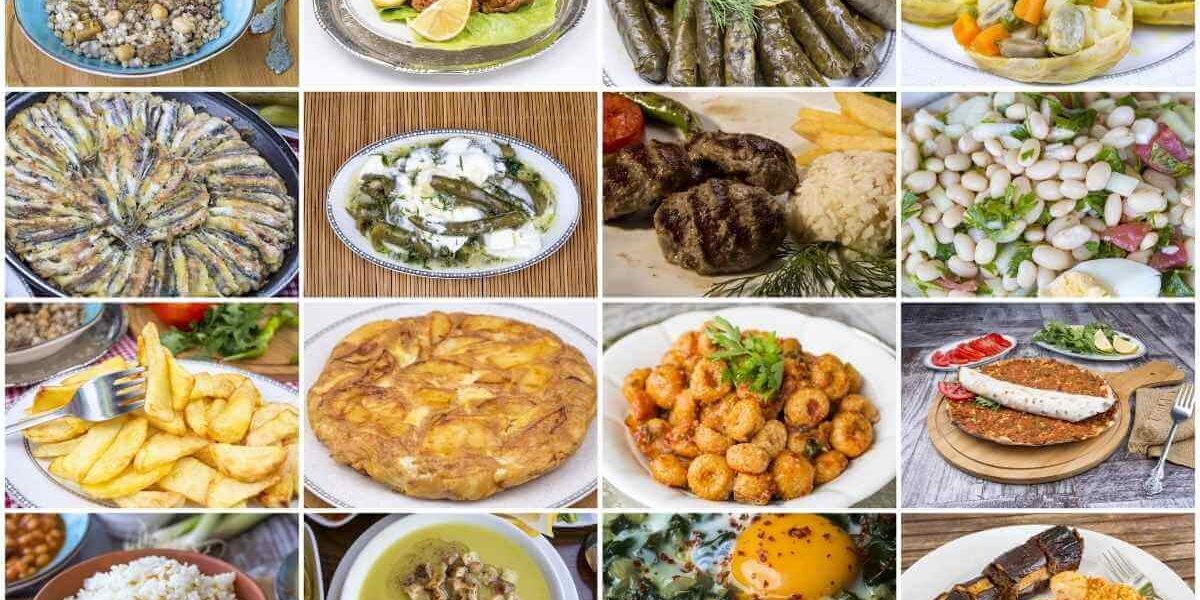Assorted traditional Turkish dishes including köfte, dolma, pilaf, and mezze, arranged in a colorful grid layout.