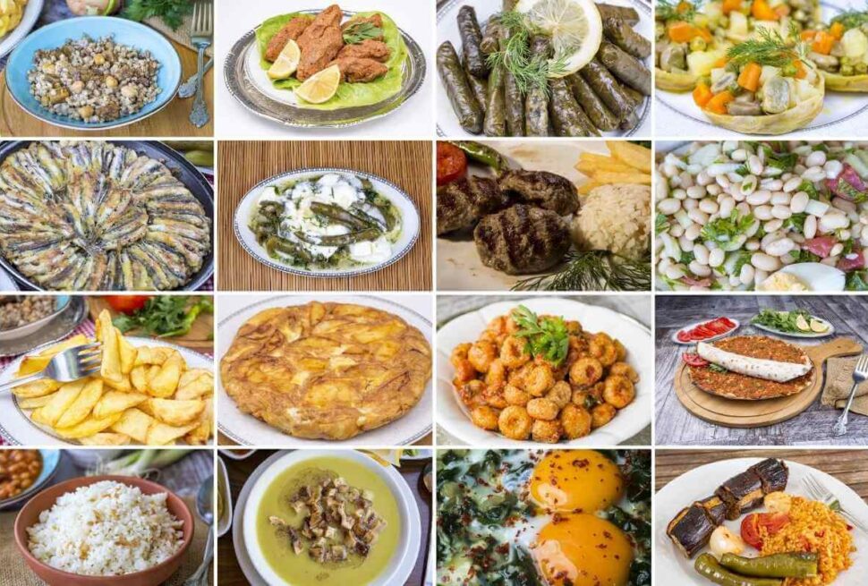 Assorted traditional Turkish dishes including köfte, dolma, pilaf, and mezze, arranged in a colorful grid layout.