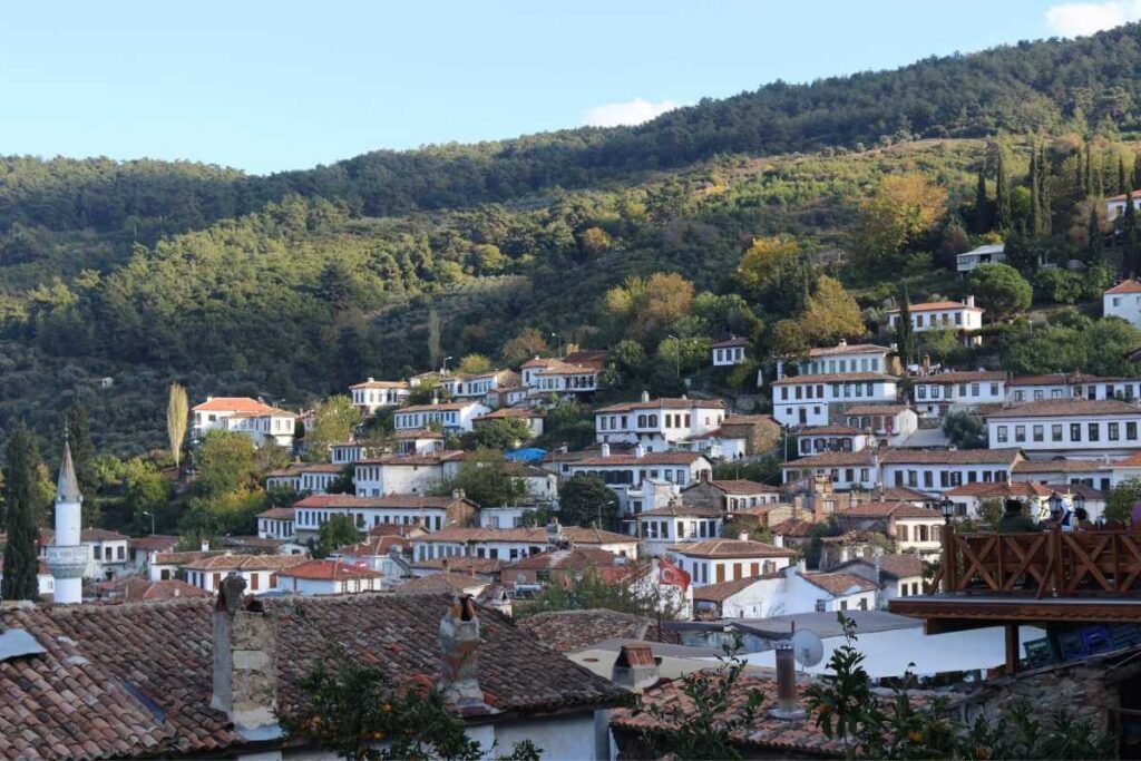 Traditional white stone houses with red-tiled roofs in Şirince Village, Turkey, surrounded by lush green hills.