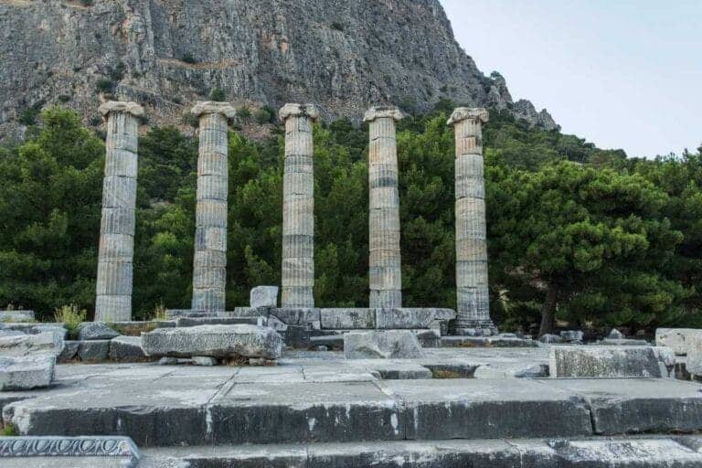 Ancient stone columns of the Temple of Athena in Priene, Turkey, with a mountain backdrop and lush green trees.