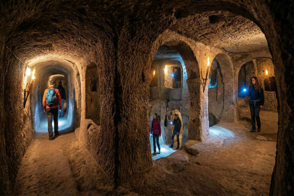 Tourists with flashlights exploring the deep stone tunnels of Derinkuyu Underground City in Cappadocia.