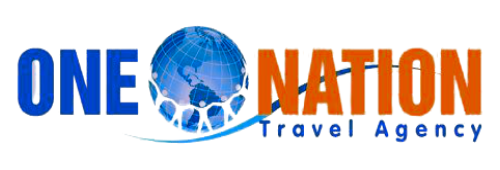 One Nation Travel Agency logo featuring blue globe icon with orange and blue text, representing global travel services