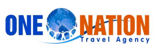 One Nation Travel Agency logo featuring blue globe icon with orange and blue text, representing global travel services