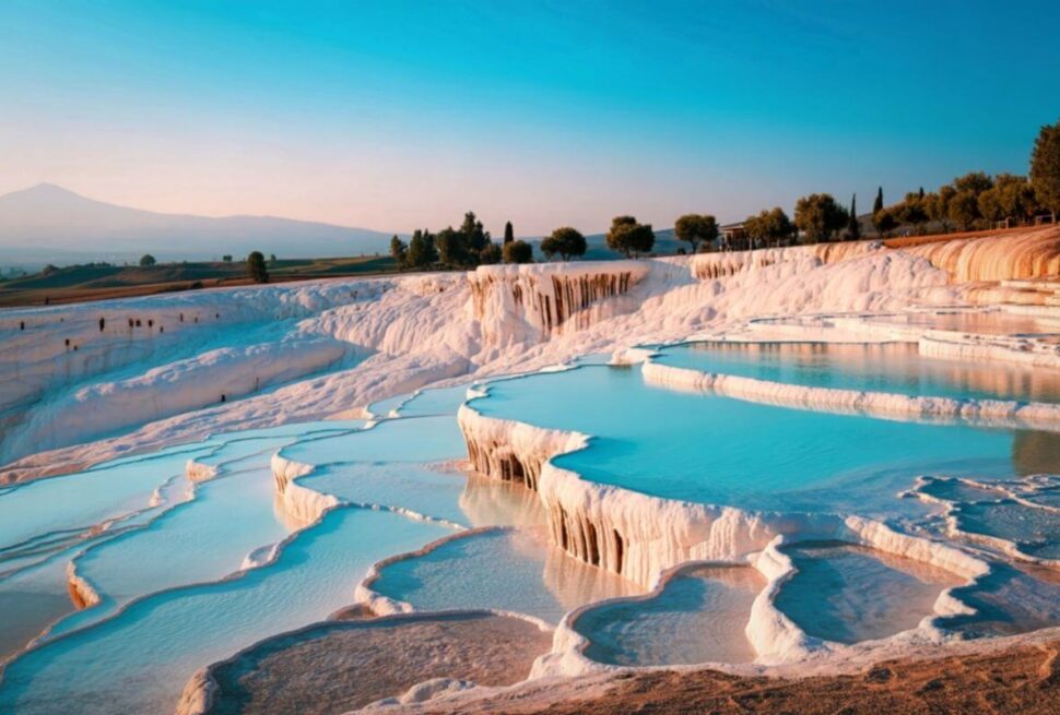 Scenic Pamukkale thermal pools featuring white travertine terraces filled with turquoise water under a clear blue sky.
