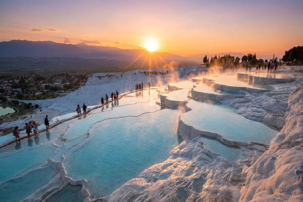 Pamukkale travertines at sunset with turquoise thermal pools and visitors walking along white terraces in Denizli, Turkey