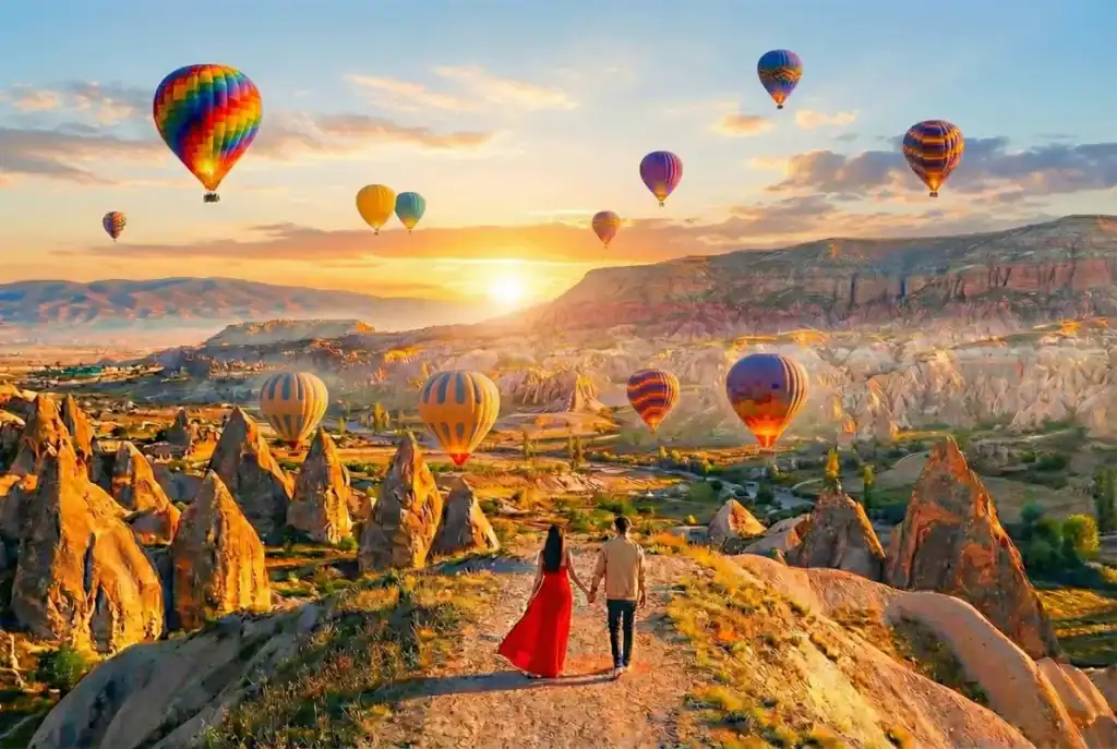 Perfect 7-Day Turkey Itinerary 2026: Day-by-Day Guide 5 A couple holding hands walks along a panoramic trail at sunrise, looking out over the unique rock formations of Cappadocia, Turkey, as dozens of colorful hot air balloons float in the golden sky.