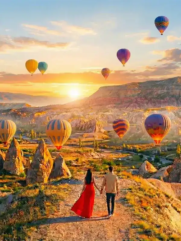 A couple holding hands walks along a panoramic trail at sunrise, looking out over the unique rock formations of Cappadocia, Turkey, as dozens of colorful hot air balloons float in the golden sky.