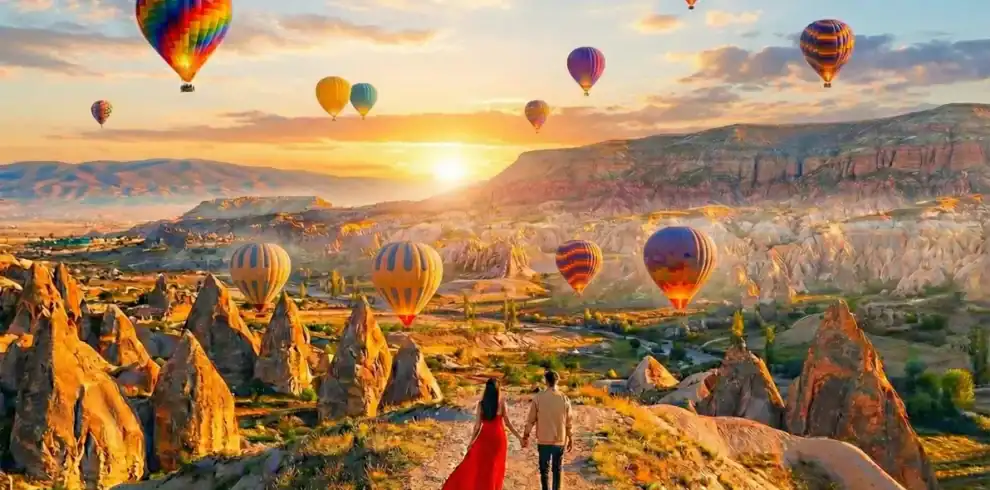 A couple holding hands walks along a panoramic trail at sunrise, looking out over the unique rock formations of Cappadocia, Turkey, as dozens of colorful hot air balloons float in the golden sky.