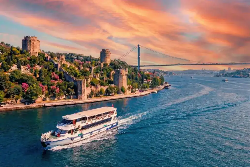 A breathtaking sunset view of the Rumeli Fortress and Bosphorus Bridge in Istanbul, with a tour boat cruising on the vivid orange and blue waters.
