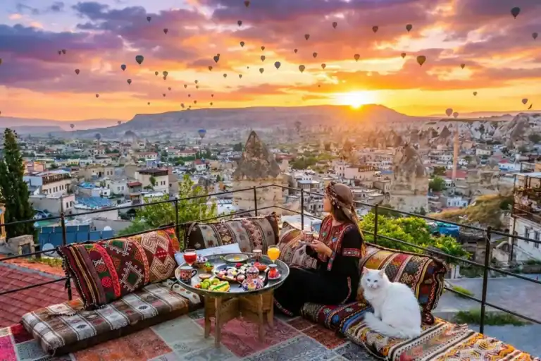 Cappadocia Travel Guide for First-Time Visitors 4 A One Nation Travel guest and a fluffy white cat enjoying a traditional breakfast on a rug-covered terrace while watching hot air balloons rise over Cappadocia at sunrise.