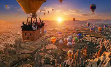 Tourists in a basket enjoying a sunrise hot air balloon flight over the fairy chimneys and unique rock formations of Cappadocia, the highlight experience of Cappadocia tours from Istanbul.