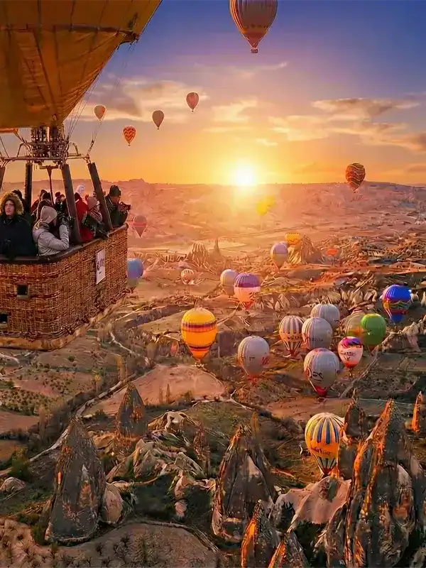 Tourists in a basket enjoying a sunrise hot air balloon flight over the fairy chimneys and unique rock formations of Cappadocia, the highlight experience of Cappadocia tours from Istanbul.