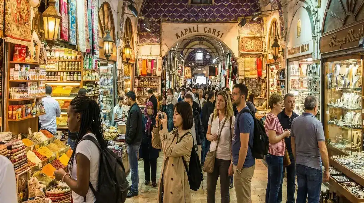 Grand Bazaar vs Spice Bazaar Istanbul: Shopping Guide 1 Diverse group of international tourists, including Black, Asian, and European women, exploring the historic streets and shopping for colorful lanterns at the Grand Bazaar in Istanbul.