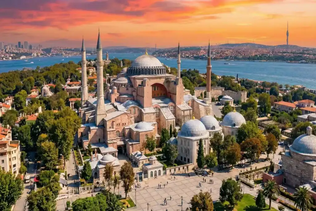 Aerial sunset view of Hagia Sophia in Istanbul, a key stop on the 10-Day Best of Turkey Tour from Toronto.