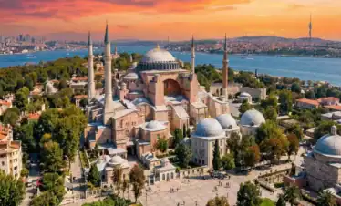 Aerial sunset view of Hagia Sophia in Istanbul, a key stop on the 10-Day Best of Turkey Tour from Toronto.