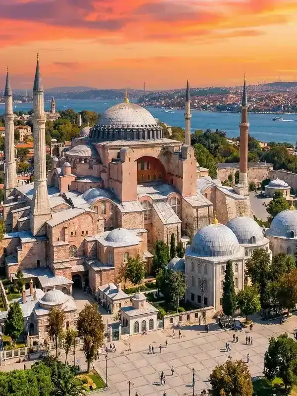 Aerial sunset view of Hagia Sophia in Istanbul, a key stop on the 10-Day Best of Turkey Tour from Toronto.
