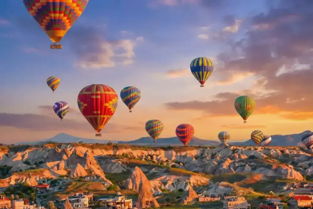 Colorful hot air balloons floating over the rocky fairy chimneys of Cappadocia, Turkey during a stunning sunrise.