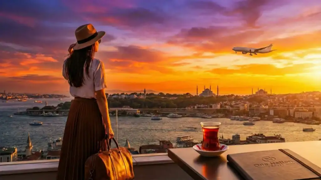 A female traveler on a rooftop overlooking the Bosphorus and Hagia Sophia in Istanbul during a vibrant sunset, watching a direct flight arrive. Turkish tea and a One Nation Travel notebook are in the foreground, symbolizing a seamless arrival in Turkey.
