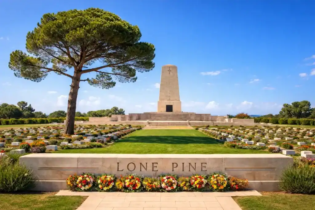 Lone Pine Australian Memorial in Gallipoli, Turkey with ANZAC battlefield cemetery, obelisk monument and lone pine tree under blue sky.